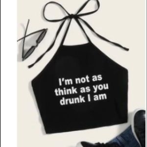Slogan graphic self tie halter neck too